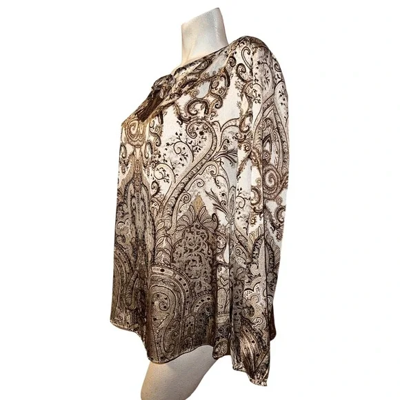 Chicos Women Brown Cream Paisley Tassel Tie Split Neck Blouse Top Size (3) XL - Picture 4 of 9